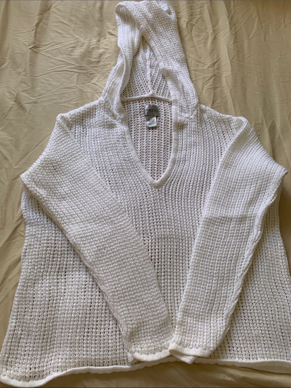 Chico's White V-Neck Hooded Knit Sweater